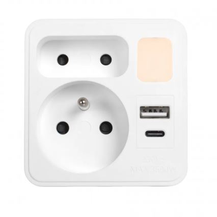 Jatkopistorasia, 2 pistorasiaa + USB-C- ja USB-A-liitännöillä, LED-valaistus LED/0,5W/230V 3000K