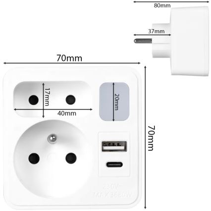 Jatkopistorasia, 2 pistorasiaa + USB-C- ja USB-A-liitännöillä, LED-valaistus LED/0,5W/230V 3000K