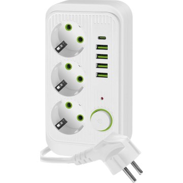 Jakorasia kytkimellä LINEA 3x230V + 5xUSB A/C SCHUKO 3 m valkoinen