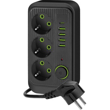 Jakorasia kytkimellä LINEA 3x230V + 5xUSB A/C SCHUKO 5 m musta