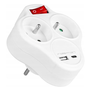 Jakorasia kytkimellä — 2 pistorasiaa + USB-C + USB-A