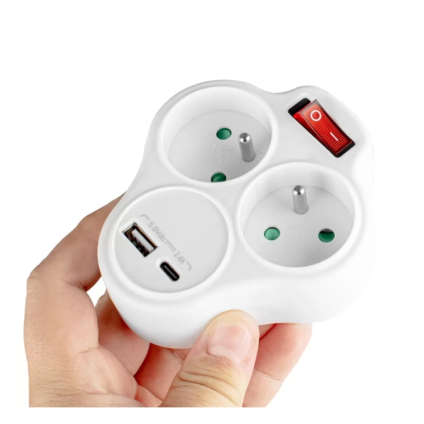 Jakorasia kytkimellä — 2 pistorasiaa + USB-C + USB-A