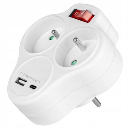 Jakorasia kytkimellä — 2 pistorasiaa + USB-C + USB-A