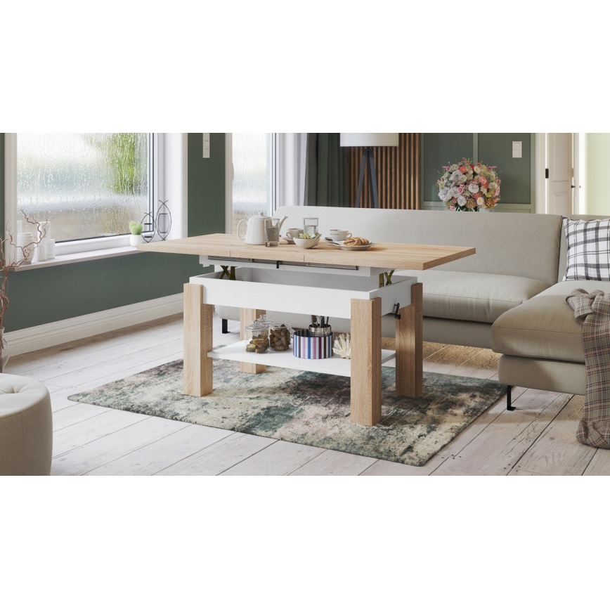 Jatkettava sohvapöytä hyllyllä ADONIS 110/150x68 cm sonoma-tammi/valkoinen