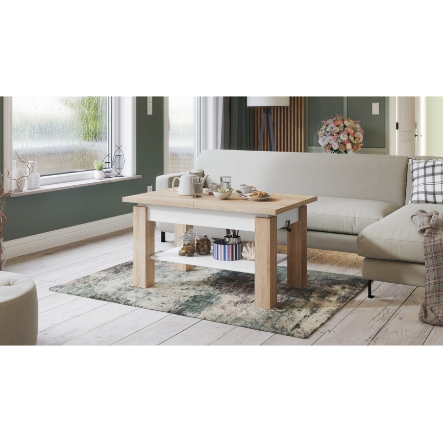 Jatkettava sohvapöytä hyllyllä ADONIS 110/150x68 cm sonoma-tammi/valkoinen