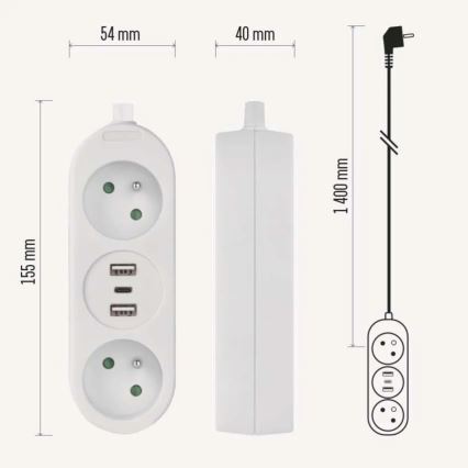 Jatkojohto 2 pistorasiaa + 2x USB-A + USB-C 1,4 m
