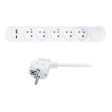 Jatkojohto 3 m, 5 pistorasiaa, kytkimellä ja USB-A- ja USB-C-latausporteilla