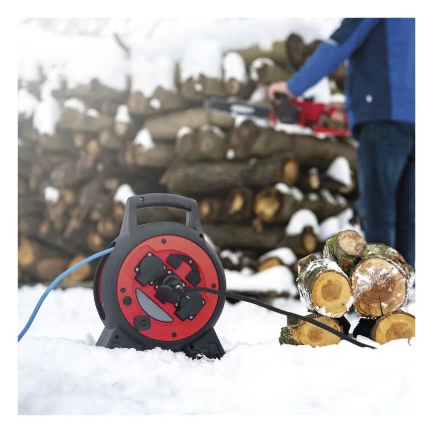 Jatkojohto kelalla 3-osainen 20m punainen/musta IP44