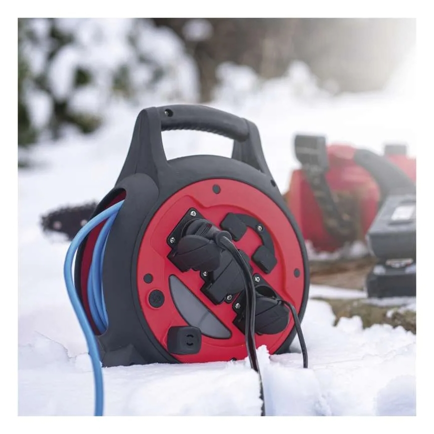 Jatkojohto kelalla 3-osainen 20m punainen/musta IP44