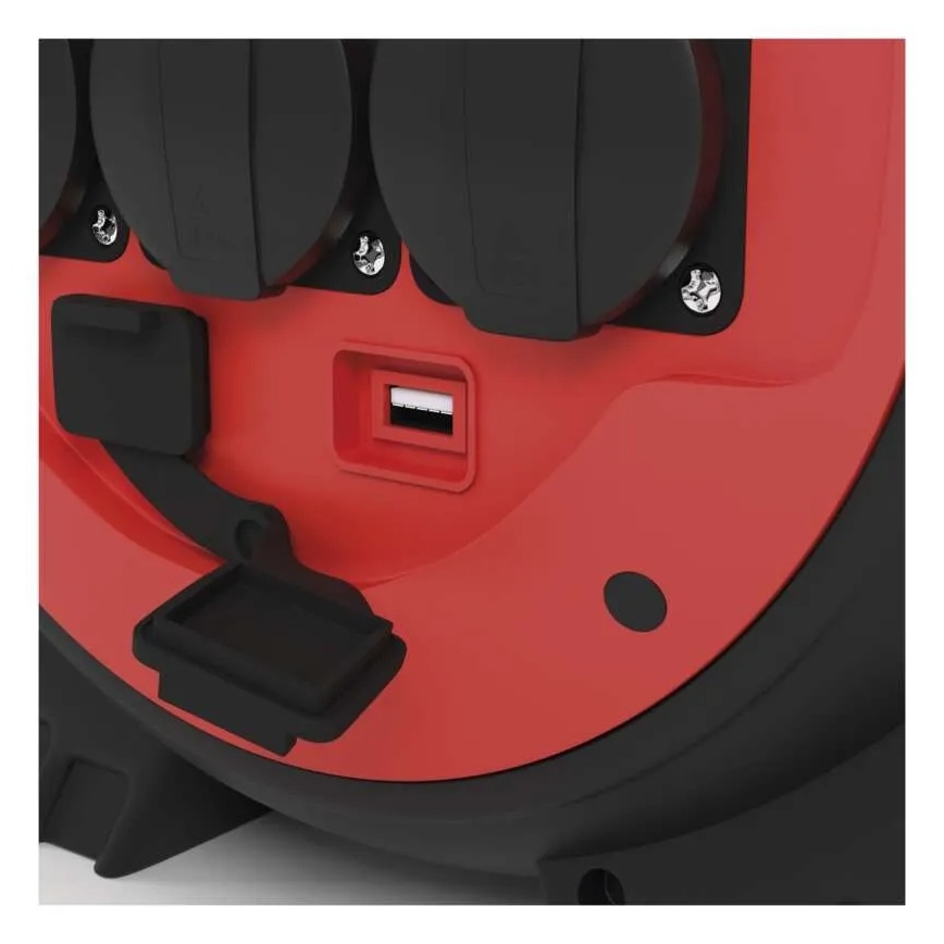 Jatkojohto kelalla 3-osainen 20m punainen/musta IP44