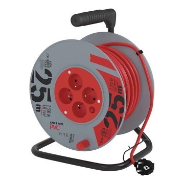 Jatkojohto kelalla, 4 pistorasiaa, 25 m, harmaa/punainen