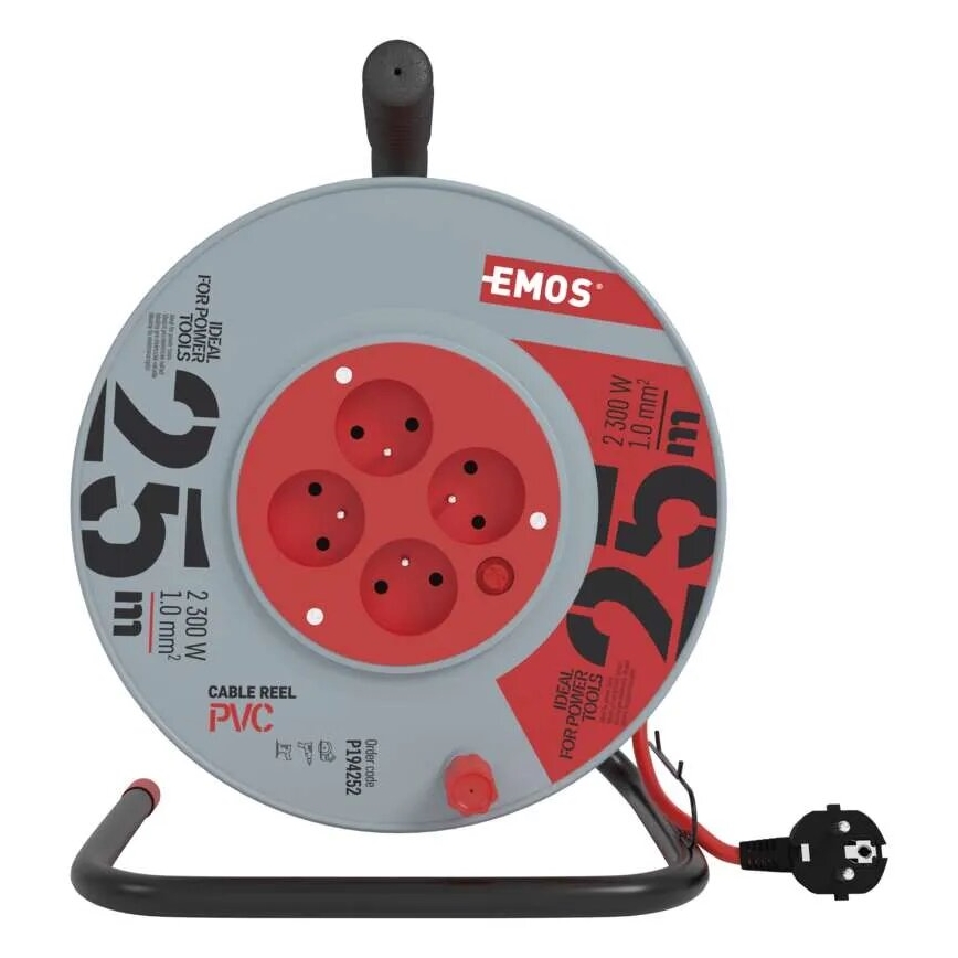 Jatkojohto kelalla, 4 pistorasiaa, 25 m, harmaa/punainen