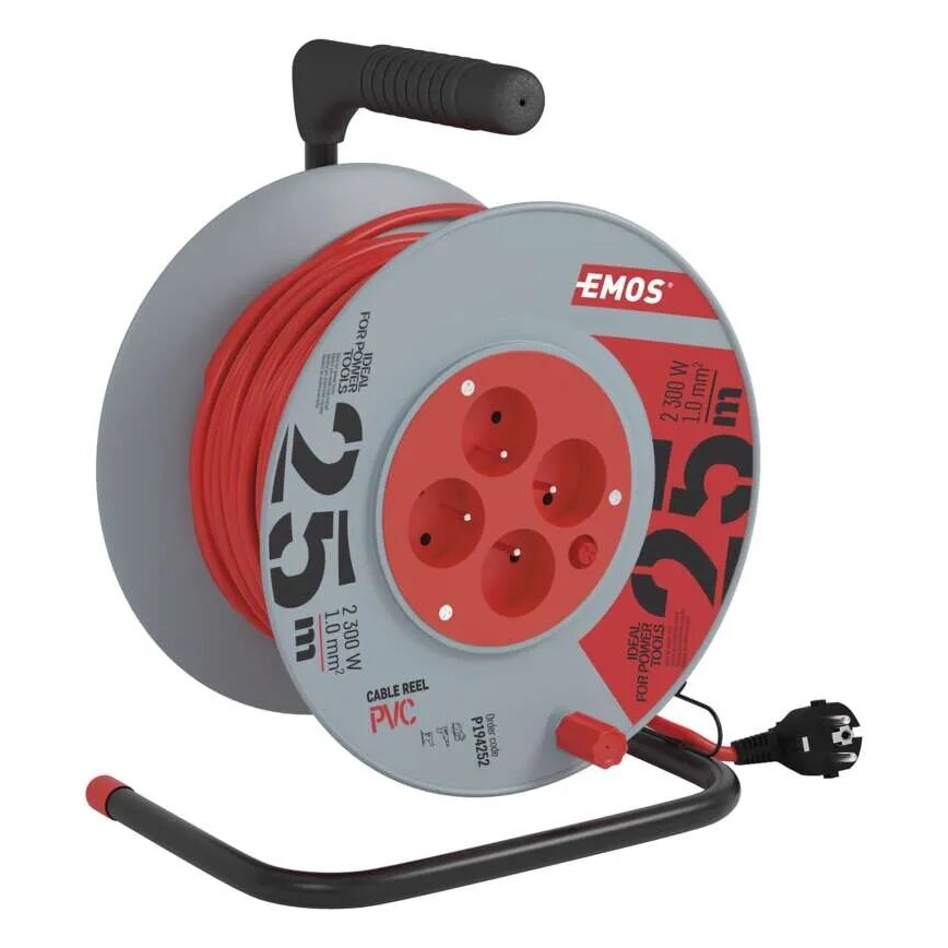 Jatkojohto kelalla, 4 pistorasiaa, 25 m, harmaa/punainen