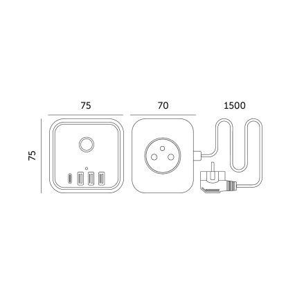 Jatkojohto kuutio kytkimellä LINEA 3x230V + 4xUSB A/C valkoinen