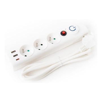 Jatkojohto kytkimellä 3-osainen Tyyppi E + 2xUSB-A + 1xUSB-C 1,5 m