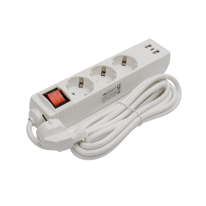 Jatkojohto kytkimellä 3 pistorasiaa+2xUSB-A+1xUSB-C 3m SCHUKO valkoinen