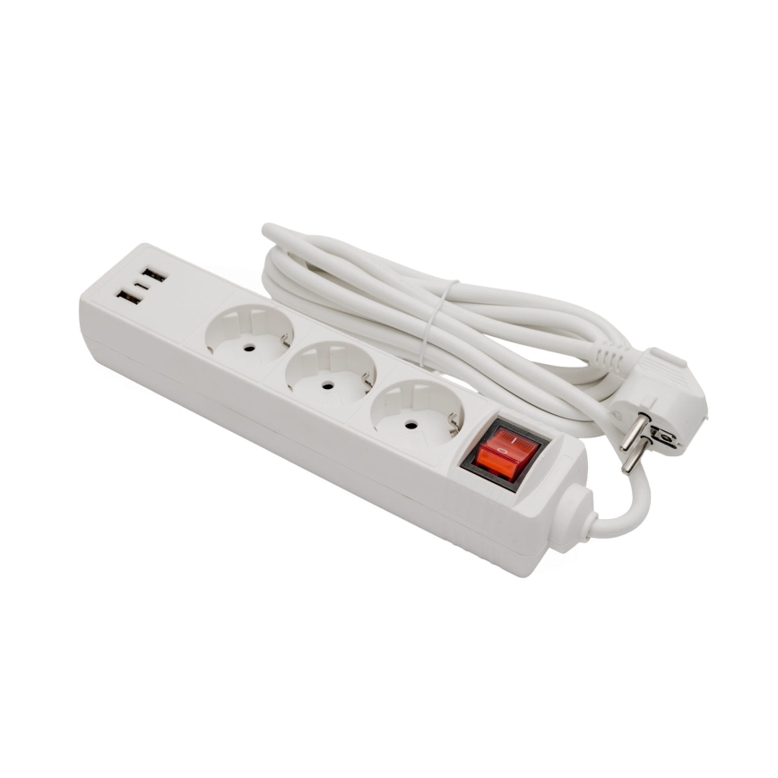 Jatkojohto kytkimellä 3 pistorasiaa+2xUSB-A+1xUSB-C 3m SCHUKO valkoinen