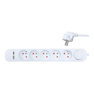 Jatkojohto kytkimellä 5Z + 2xUSB 3m valkoinen