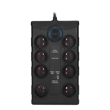 Jatkojohto kytkimellä ja ylijännitesuojalla, 8 pistorasiaa (tyyppi E) + 1xUSB-A + 1xUSB-C, 2 m, musta