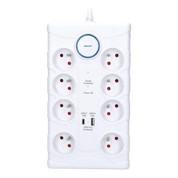 Jatkojohto kytkimellä ja ylijännitesuojalla 8Z Tyyppi E + 1xUSB-A + 1xUSB-C 2m valkoinen