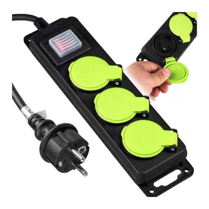 Jatkojohto kytkimellä, kolmella pistorasialla, 5 m, IP44