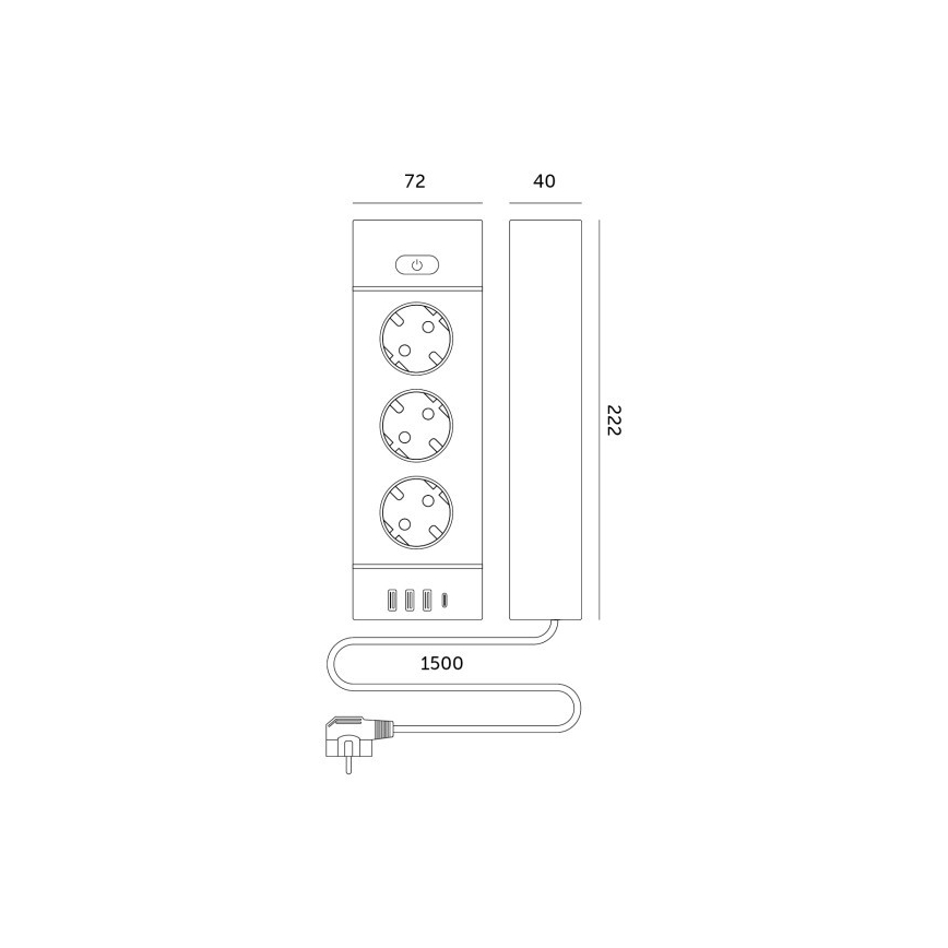 LINEA PRO -jatkojohto kytkimellä, 3×230 V + 3× USB-A + 1× USB-C (Schuko), 1,5 m, musta
