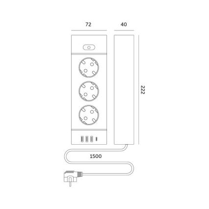 Jatkojohto kytkimellä LINEA PRO — 3×230 V Schuko-pistorasiaa, 3×USB-A ja 1×USB-C, 1,5 m, valkoinen