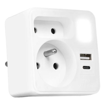 Jatkopistorasia, 2 pistorasiaa + USB-C- ja USB-A-liitännöillä, LED-valaistus LED/0,5W/230V 3000K