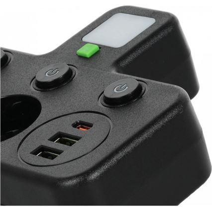 LINEA PRO -jatkoskisko, 2× SCHUKO-pistorasiaa + 3× USB (A ja C), kytkimellä ja LED-valaistuksella, 4000 K, musta