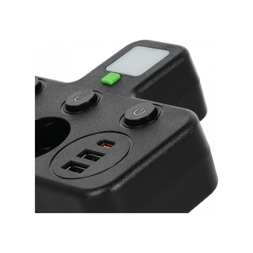 LINEA PRO -jatkoskisko, 2× SCHUKO-pistorasiaa + 3× USB (A ja C), kytkimellä ja LED-valaistuksella, 4000 K, musta