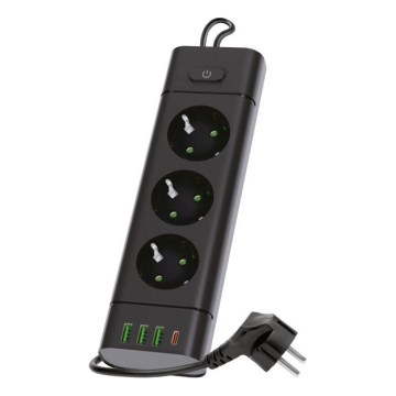 Jatkopistorasia kytkimellä LINEA PRO 3x230V + 3xUSB-A + 1xUSB-C SCHUKO 3 m musta