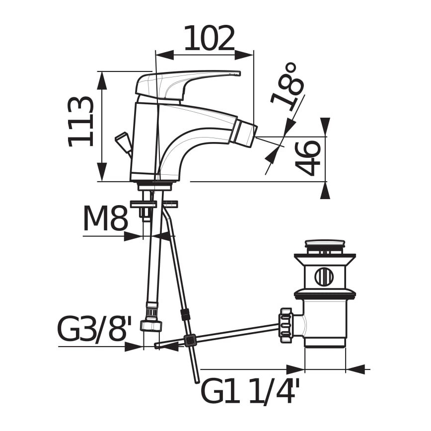 JIKA H3411U10041111 - Bidet hanakulma + ylivuodoton poistoputki DEEP 11,3 cm kiiltävä kromi