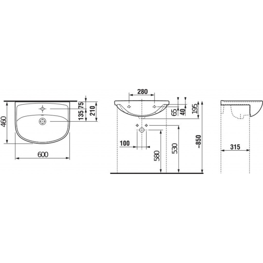 JIKA H8133830001041 - Upotettava pesuallas LYRA 60x46 cm keramiikka/valkoinen