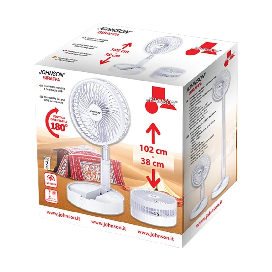 JOHNSON - Ladattava pöytätuuletin GIRAFFA 5 W / 3,7 V, 1200 mAh, halkaisija 20 cm, valkoinen