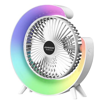 JOHNSON - LED RGB ladattava pöytätuuletin, monivärisellä LED-valolla, 5 W / 3,7 V, 1200 mAh, halkaisija 14 cm, valkoinen