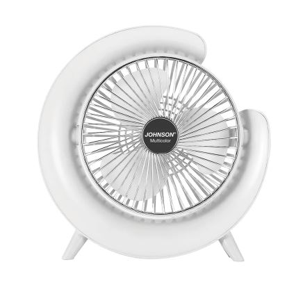 JOHNSON - LED RGB ladattava pöytätuuletin, monivärisellä LED-valolla, 5 W / 3,7 V, 1200 mAh, halkaisija 14 cm, valkoinen