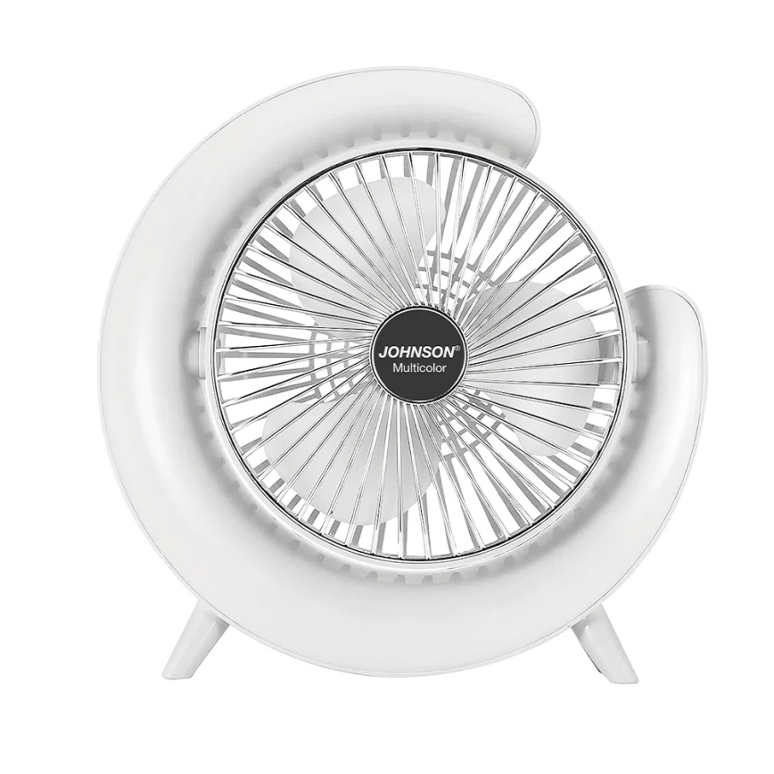 JOHNSON - LED RGB ladattava pöytätuuletin, monivärisellä LED-valolla, 5 W / 3,7 V, 1200 mAh, halkaisija 14 cm, valkoinen