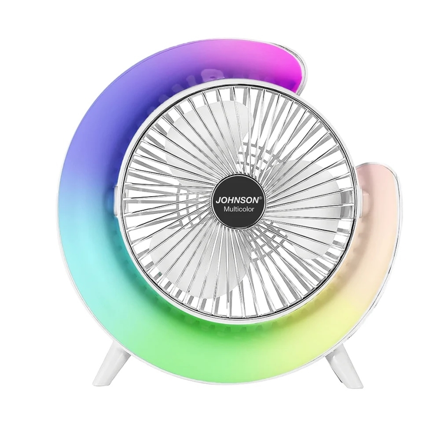 JOHNSON - LED RGB ladattava pöytätuuletin, monivärisellä LED-valolla, 5 W / 3,7 V, 1200 mAh, halkaisija 14 cm, valkoinen