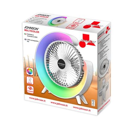 JOHNSON - LED RGB ladattava pöytätuuletin, monivärisellä LED-valolla, 5 W / 3,7 V, 1200 mAh, halkaisija 14 cm, valkoinen