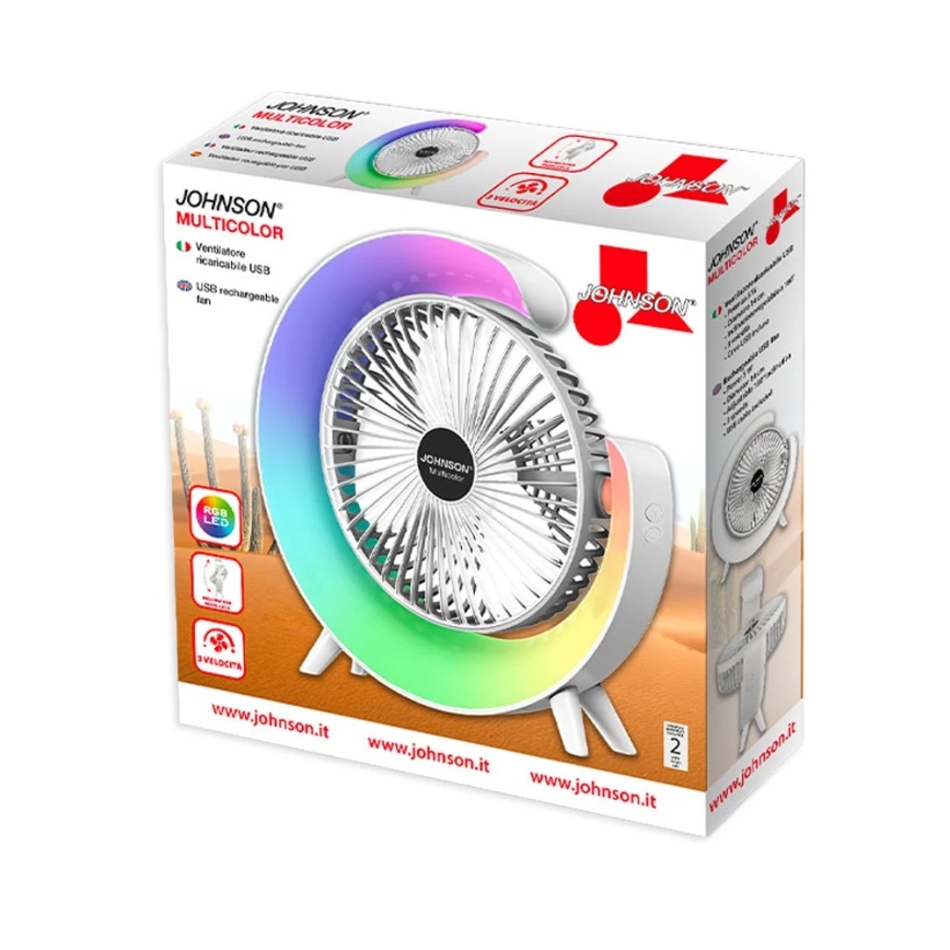 JOHNSON - LED RGB ladattava pöytätuuletin, monivärisellä LED-valolla, 5 W / 3,7 V, 1200 mAh, halkaisija 14 cm, valkoinen