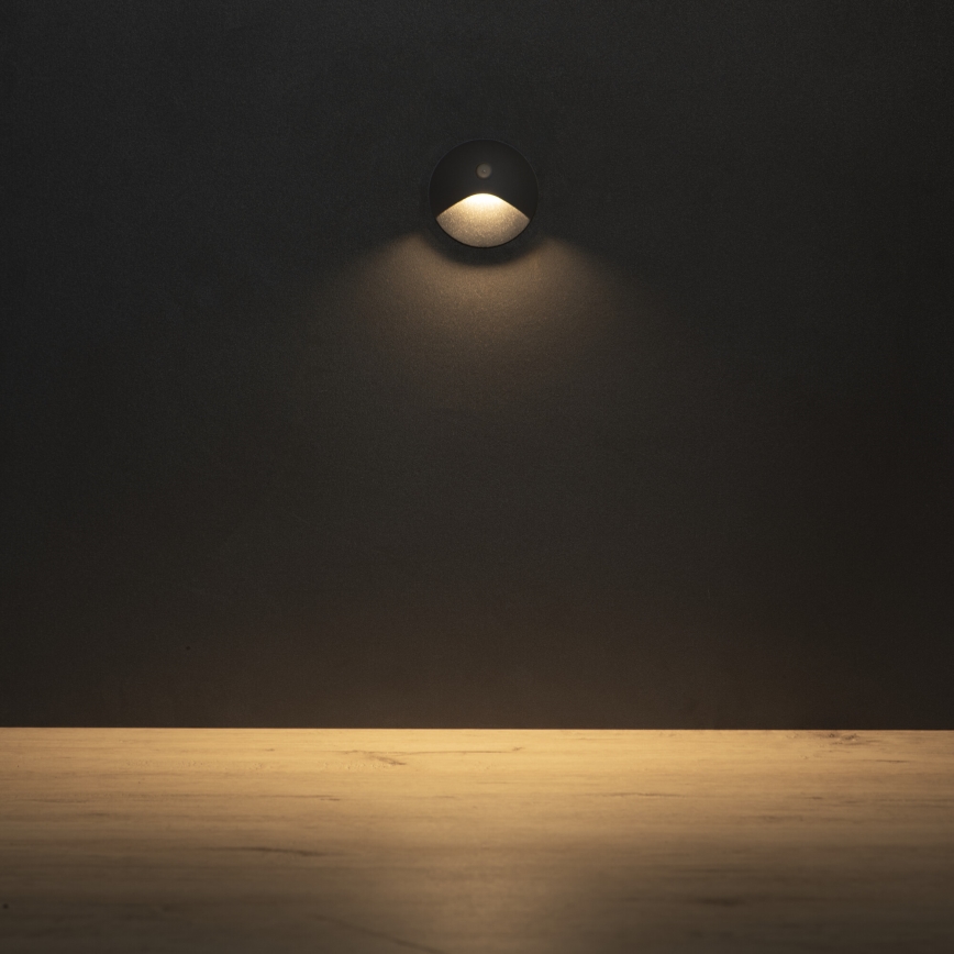 LED-porrasvalaisin liike- ja hämärätunnistimella EXIN LED/2,5W/230V 3000K IP65 antrasiitti pyöreä