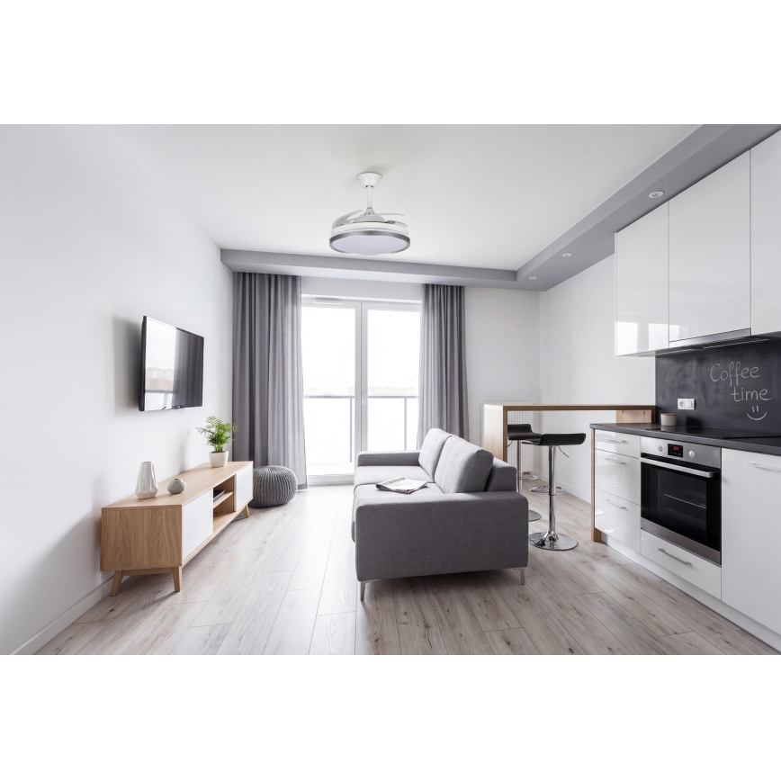 LED-himmennettävä kattovalaisin tuulettimella PLAVE, 36 W/230 V, 3000–6500 K, hopea/valkoinen + kaukosäädin