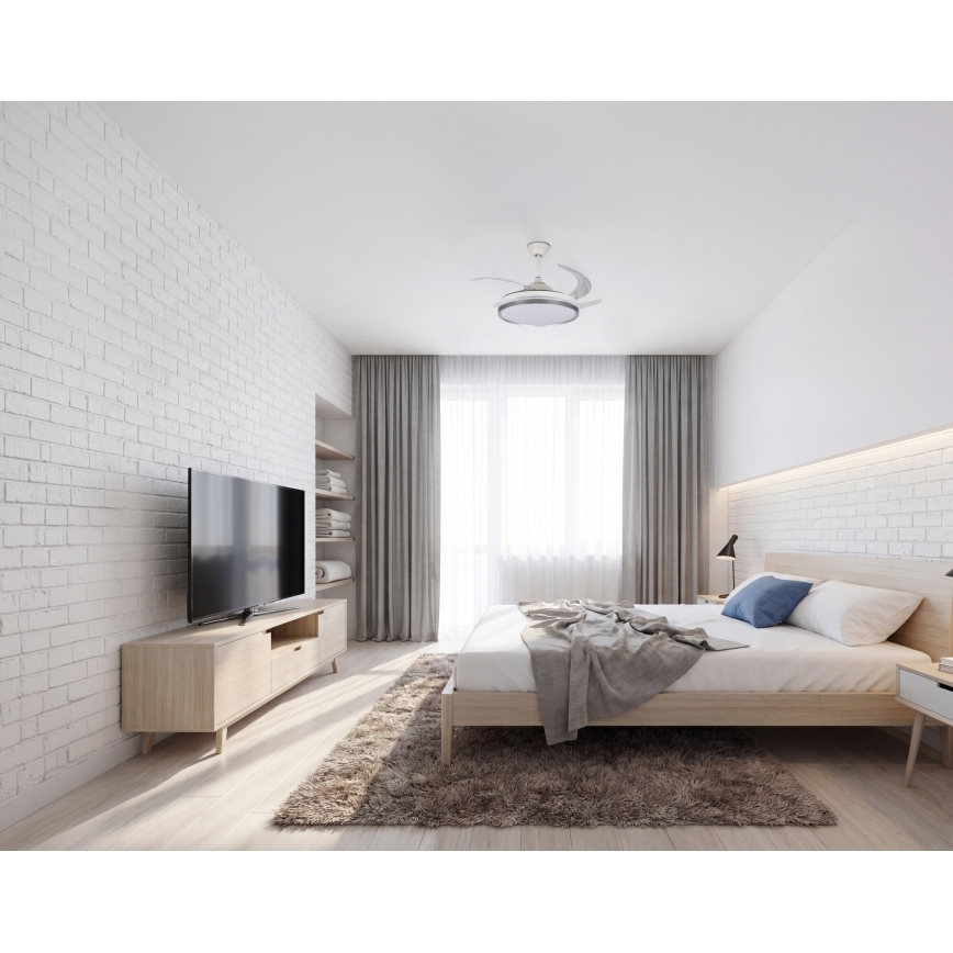 LED-himmennettävä kattovalaisin tuulettimella PLAVE, 36 W/230 V, 3000–6500 K, hopea/valkoinen + kaukosäädin