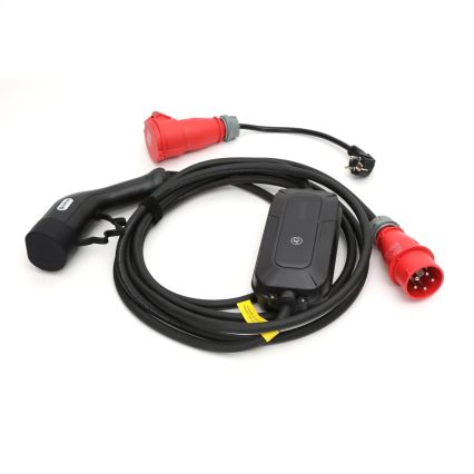 Matkakäyttöön tarkoitettu kannettava latausasema sähköautoille (EV/PHEV) AC Type 2 -liittimellä 32 A / 400 V, 22 kW, IP55, 5 m + 230 V 3,7 kW -adapteri + kotelo