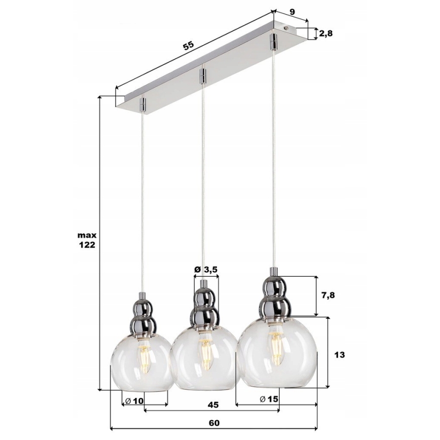 Kattokruunu johdossa AKSO 3xE14/40W/230V hopea