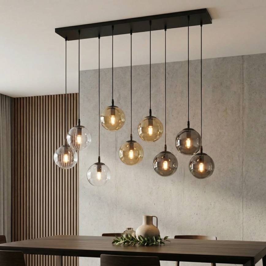 Kattokruunu johdossa COSMO 9xE14/10W/230V musta/harmaa/beige/läpinäkyvä