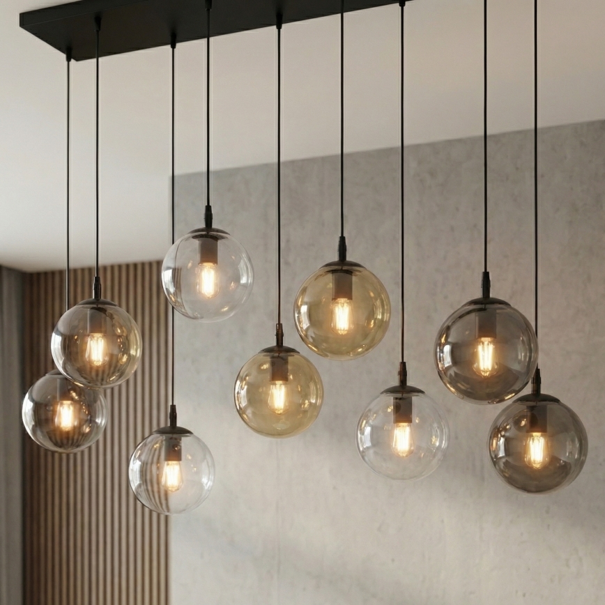 Kattokruunu johdossa COSMO 9xE14/10W/230V musta/harmaa/beige/läpinäkyvä