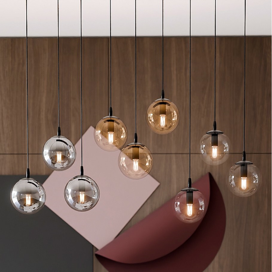 Kattokruunu johdossa COSMO 9xE14/10W/230V musta/harmaa/beige/läpinäkyvä