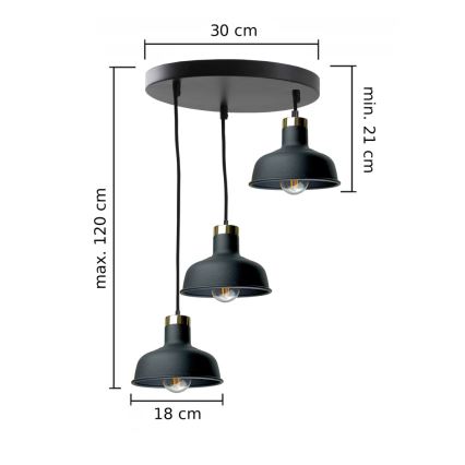 Kattokruunu johdossa HEBE 3xE27/60W/230V musta