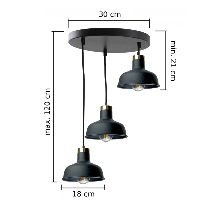 Kattokruunu johdossa HEBE 3xE27/60W/230V musta